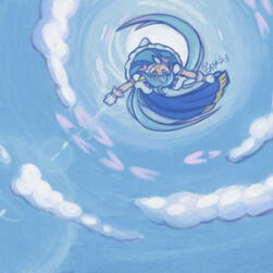 A digital painting of Cure Sky flying through the air in a circular motion.